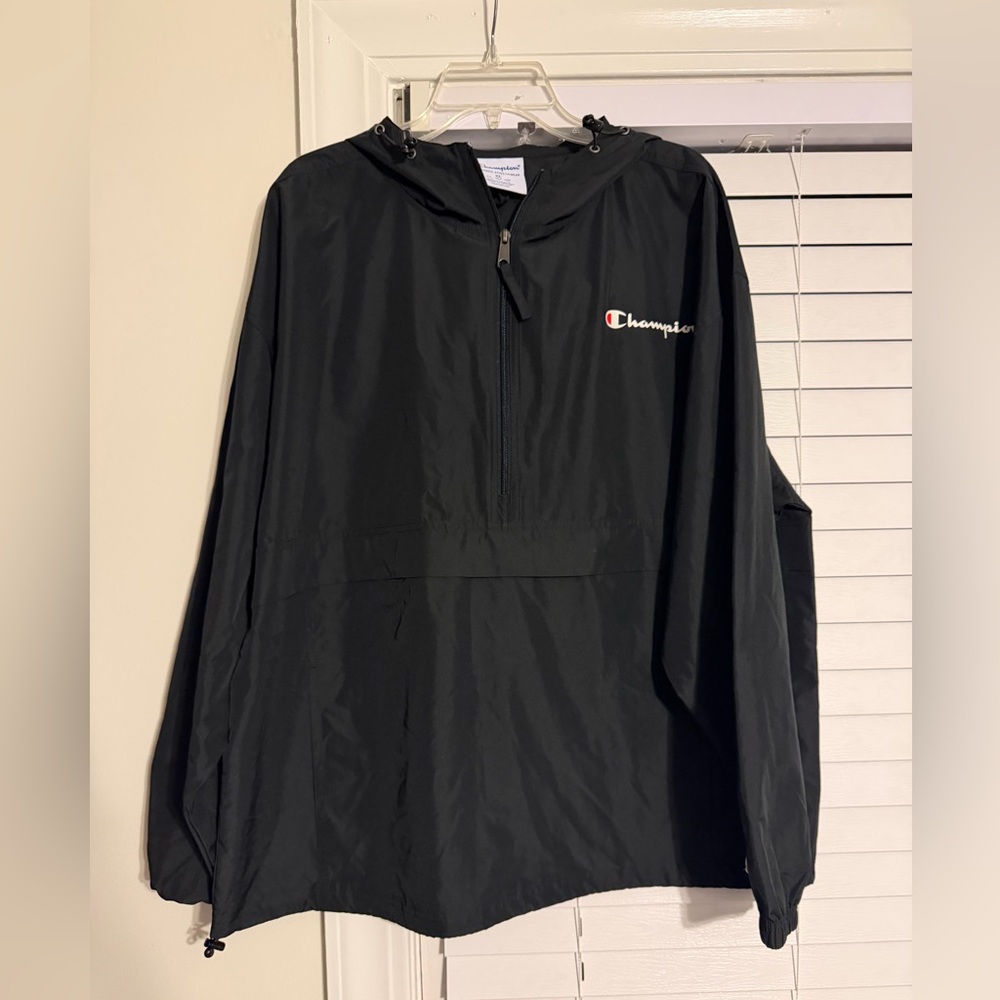 Champion Black Hooded Pullover Windbreaker Jacket with Script Logo and Hood